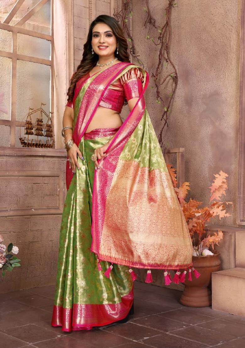 Green Zari Weaving Work Tissue Silk Saree Set