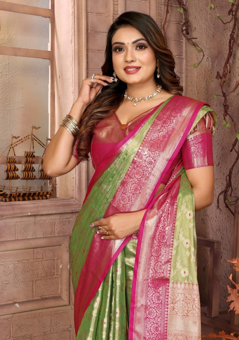 Green Zari Weaving Work Tissue Silk Saree Set