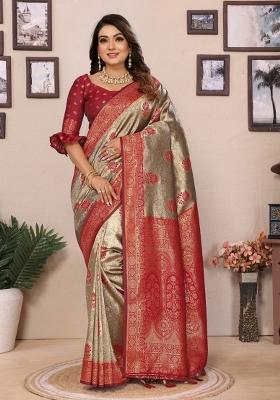 Multi Color Zari Weaving Work Tissue Silk Saree Set