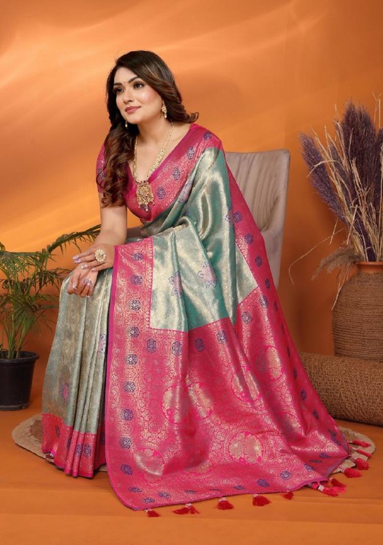 Blue Jacquard Weaving Banarasi Silk Saree Set