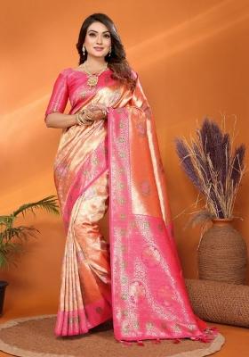 Peach Jacquard Weaving Banarasi Silk Saree Set