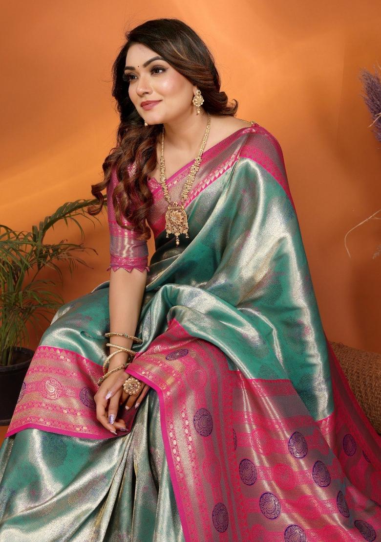 Blue Jacquard Weaving Banarasi Silk Saree Set