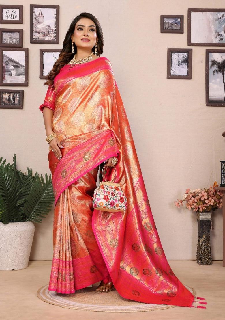 Peach Jacquard Weaving Banarasi Silk Saree Set