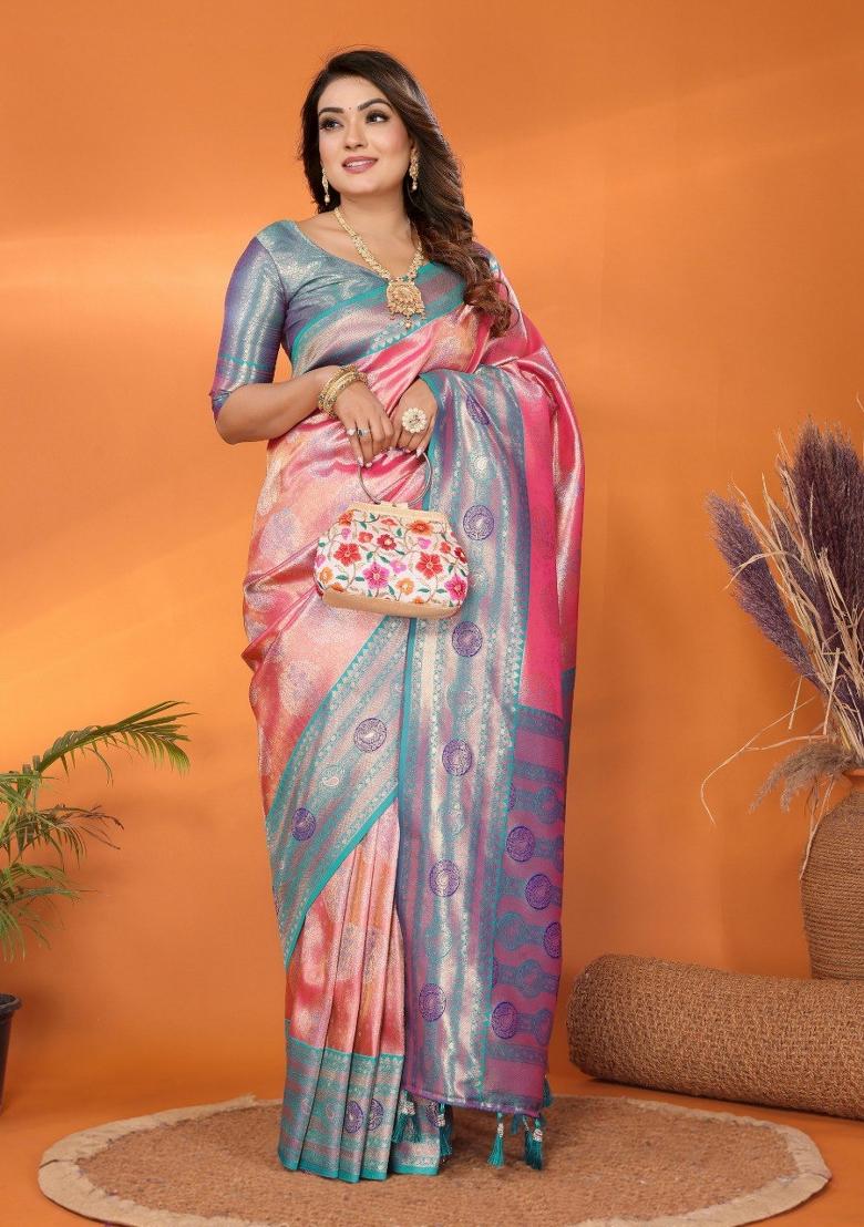 Pink Jacquard Weaving Banarasi Silk Saree Set