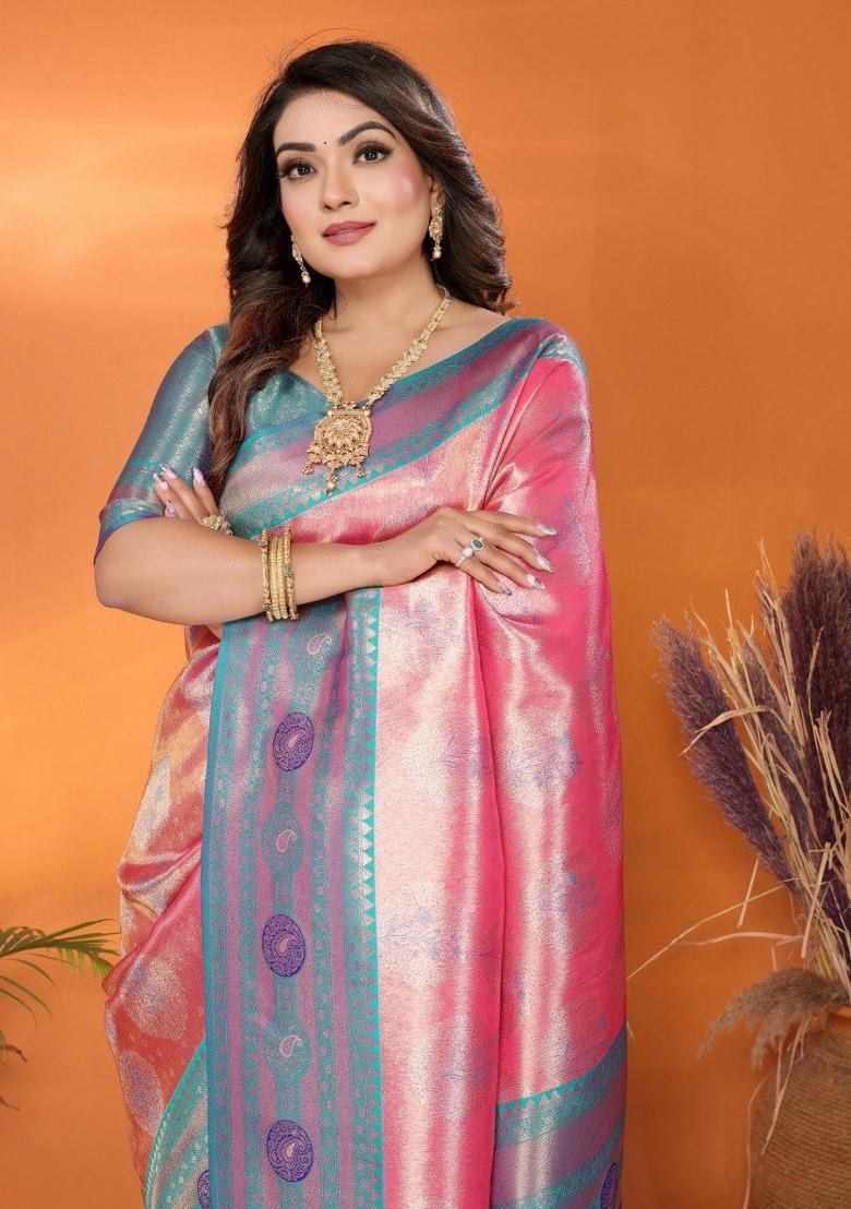 Pink Jacquard Weaving Banarasi Silk Saree Set