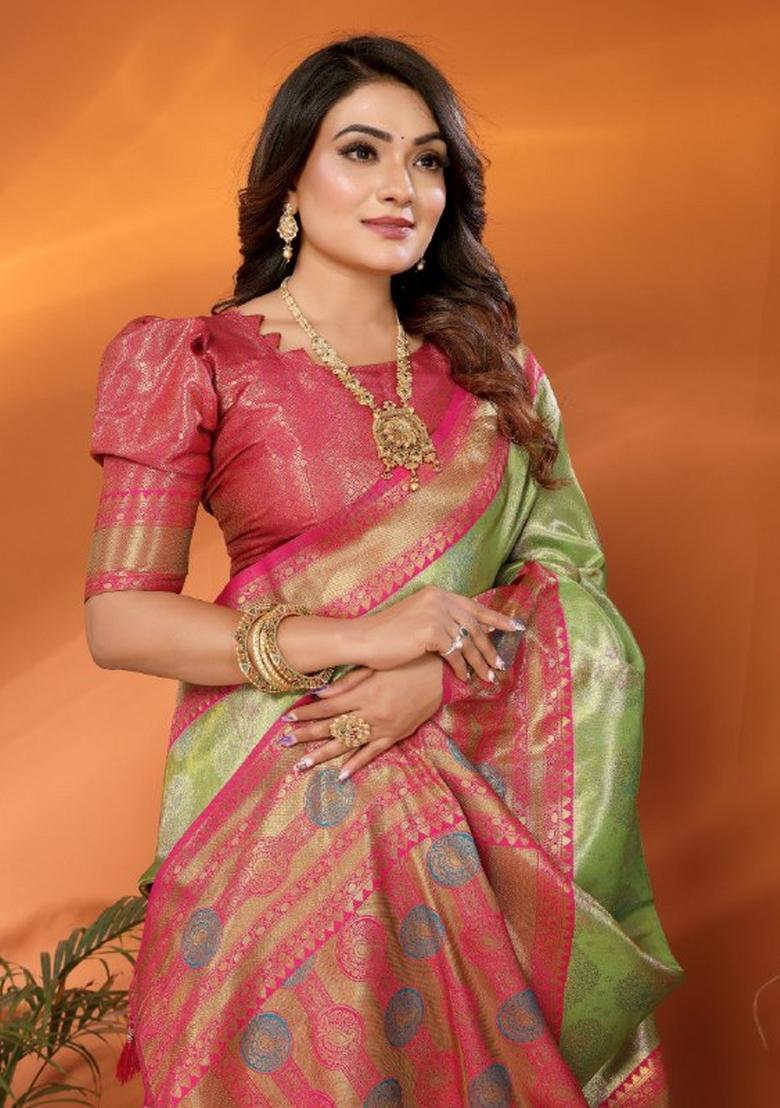 Pista Green Jacquard Weaving Banarasi Silk Saree Set