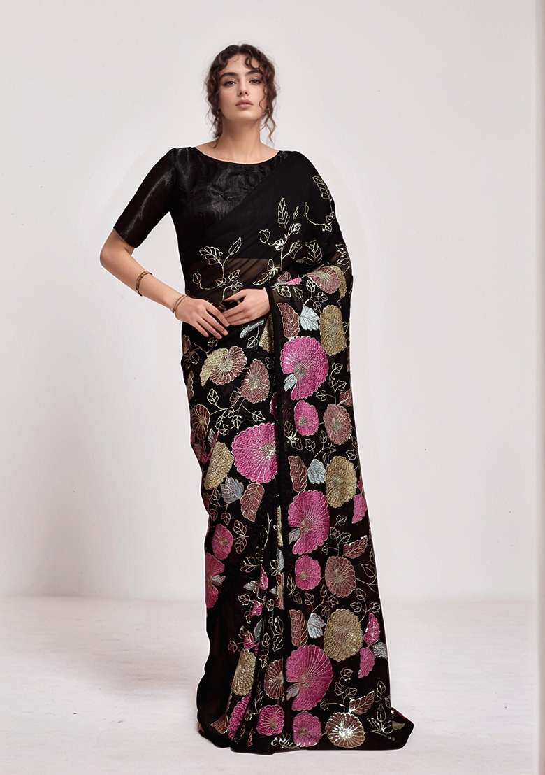 Black Sequin Embroidered Georgette Saree Set - Indya