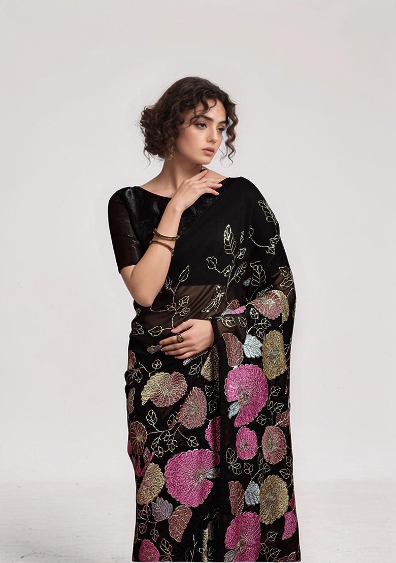 Black Sequin Embroidered Georgette Saree Set