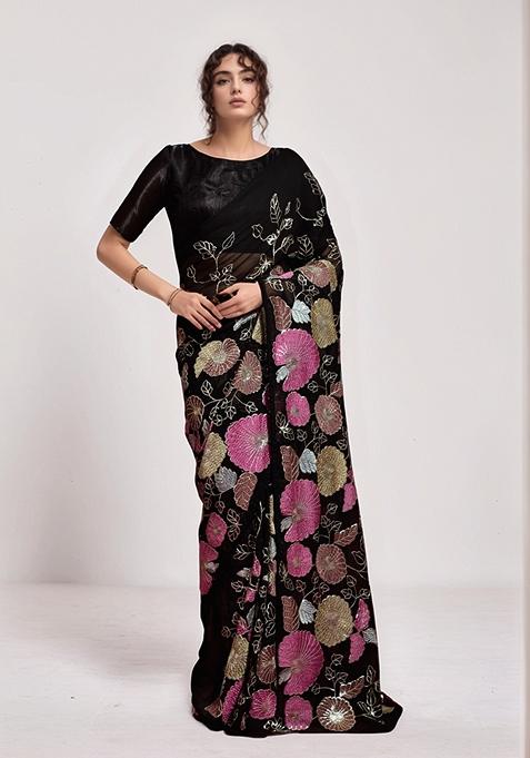 Black Sequin Embroidered Georgette Saree Set