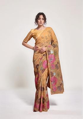 Chiku Brown Sequin Embroidered Georgette Saree Set
