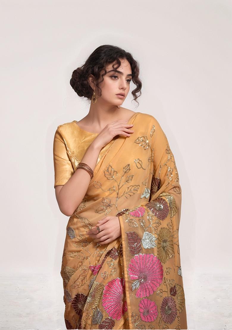 Chiku Brown Sequin Embroidered Georgette Saree Set