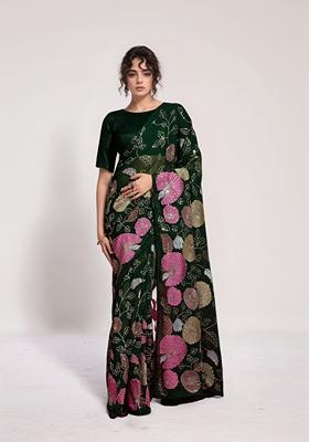 Green Sequin Embroidered Georgette Saree Set
