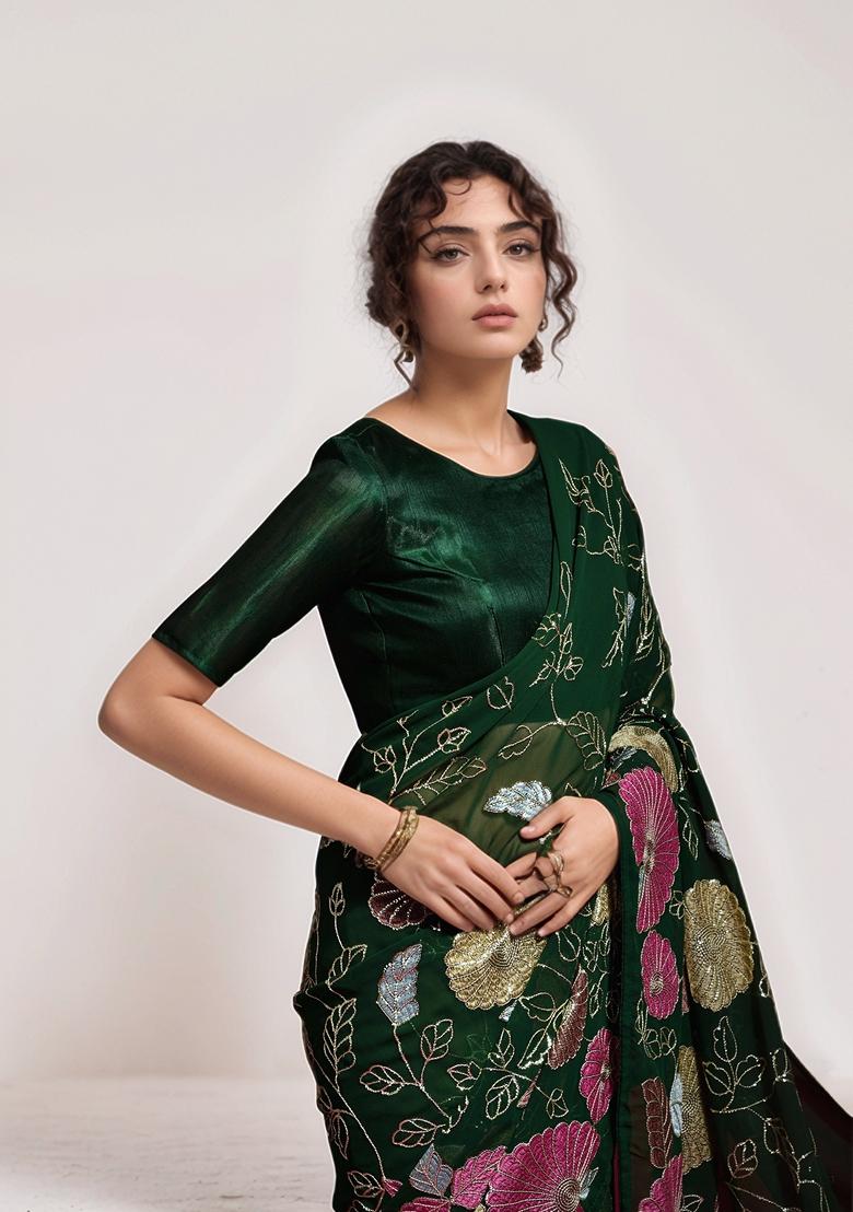 Green Sequin Embroidered Georgette Saree Set