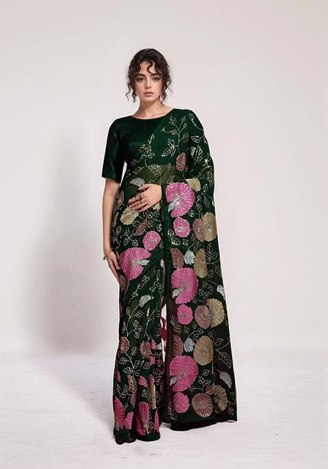 Green Sequin Embroidered Georgette Saree Set