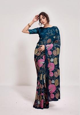 Petrol Blue Sequin Embroidered Georgette Saree Set