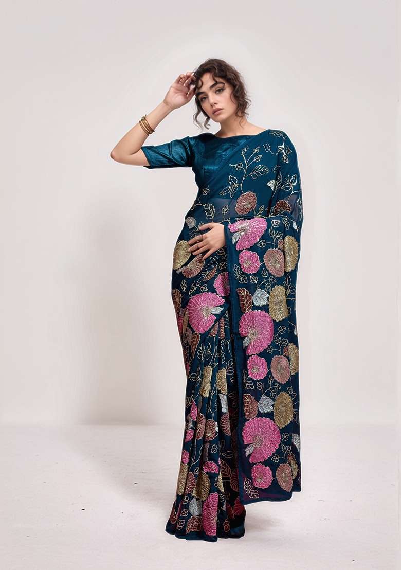 Petrol Blue Sequin Embroidered Georgette Saree Set - Indya