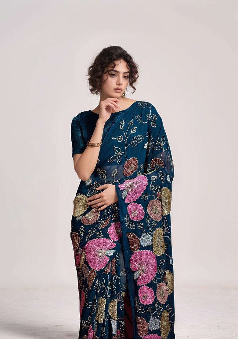 Petrol Blue Sequin Embroidered Georgette Saree Set
