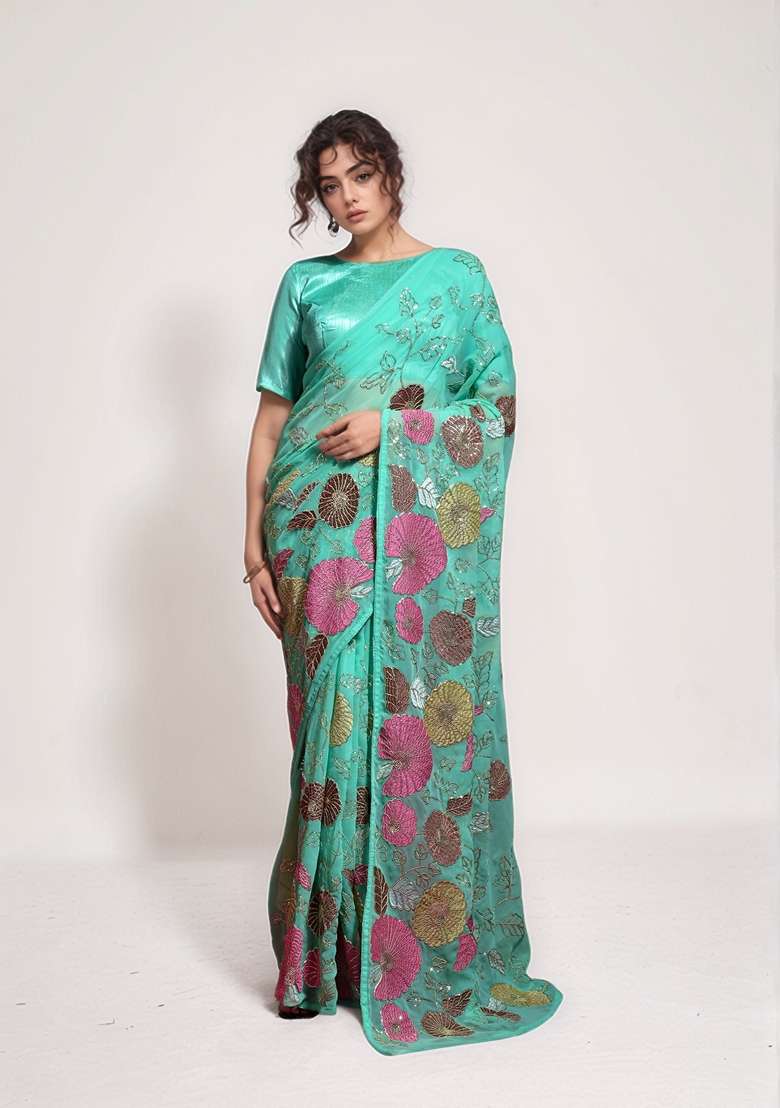 Sea Green Sequin Embroidered Georgette Saree Set - Indya