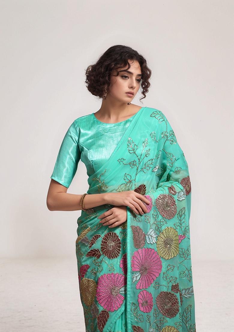 Sea Green Sequin Embroidered Georgette Saree Set