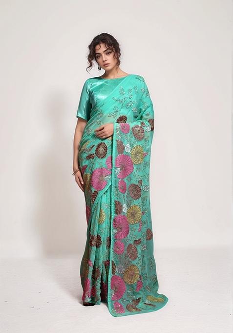 Sea Green Sequin Embroidered Georgette Saree Set