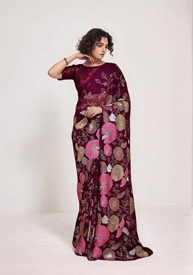 Maroon Sequin Embroidered Georgette Saree Set