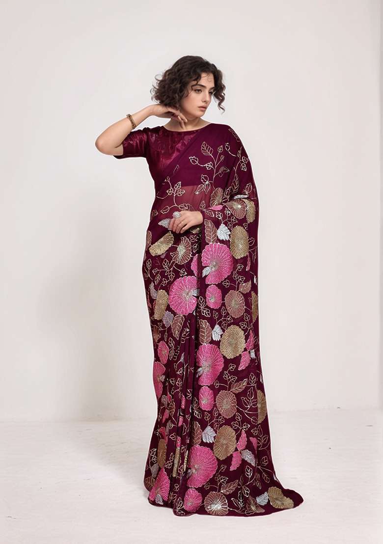 Maroon Sequin Embroidered Georgette Saree Set - Indya