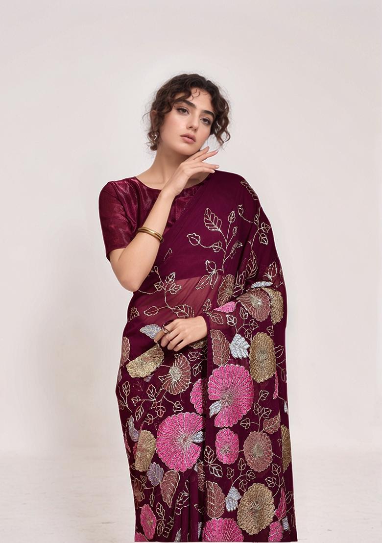 Maroon Sequin Embroidered Georgette Saree Set