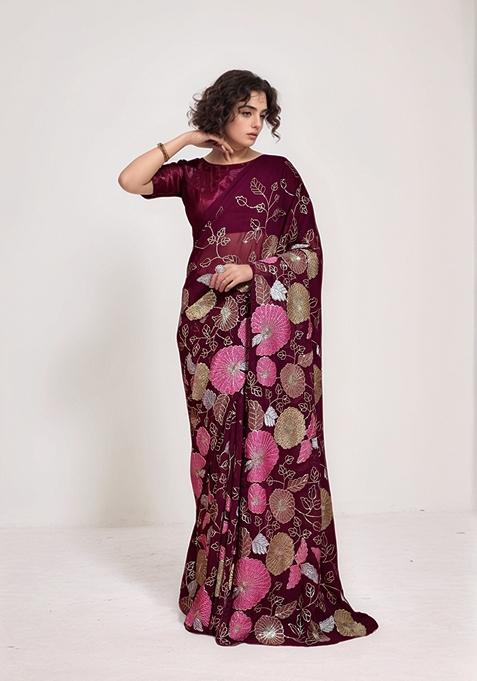 Maroon Sequin Embroidered Georgette Saree Set