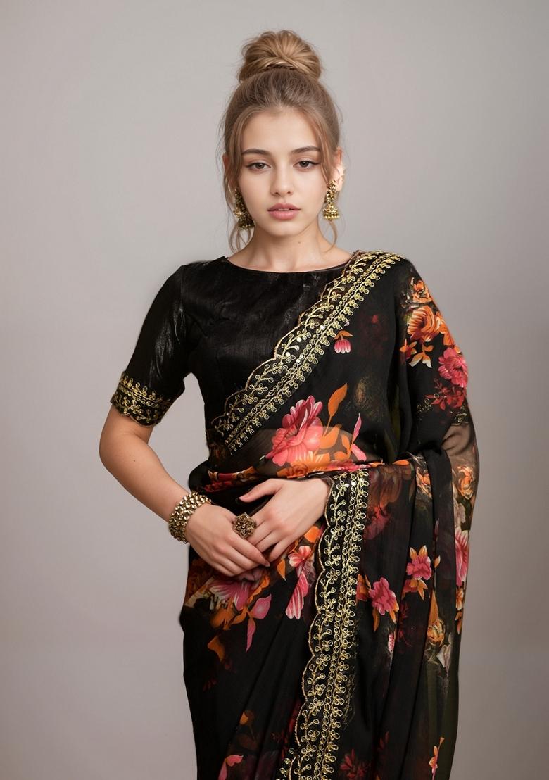 Black Printed Georgette Saree Set