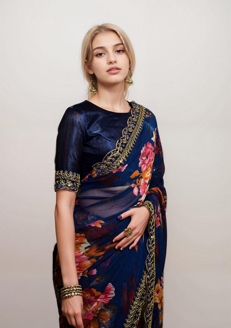 Blue Printed Georgette Saree Set