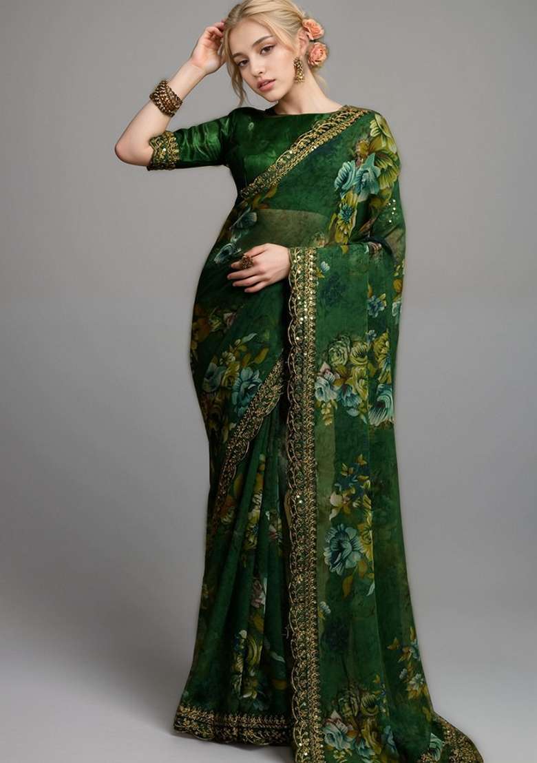 Green Printed Georgette Saree Set - Indya