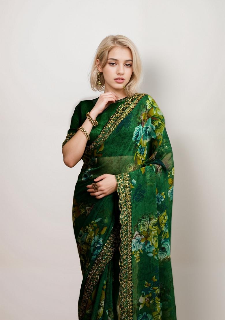 Green Printed Georgette Saree Set