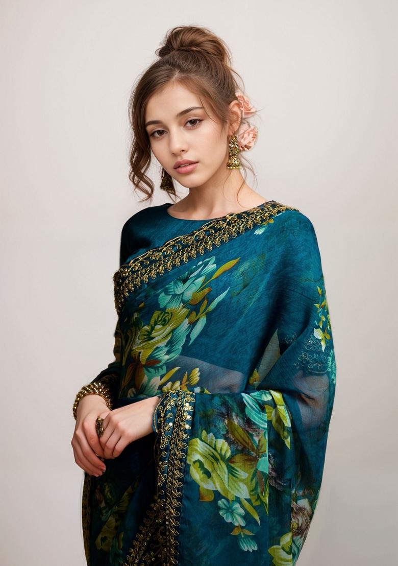 Petrol Blue Printed Georgette Saree Set