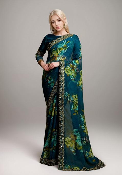 Petrol Blue Printed Georgette Saree Set
