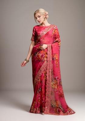 Pink Printed Georgette Saree Set