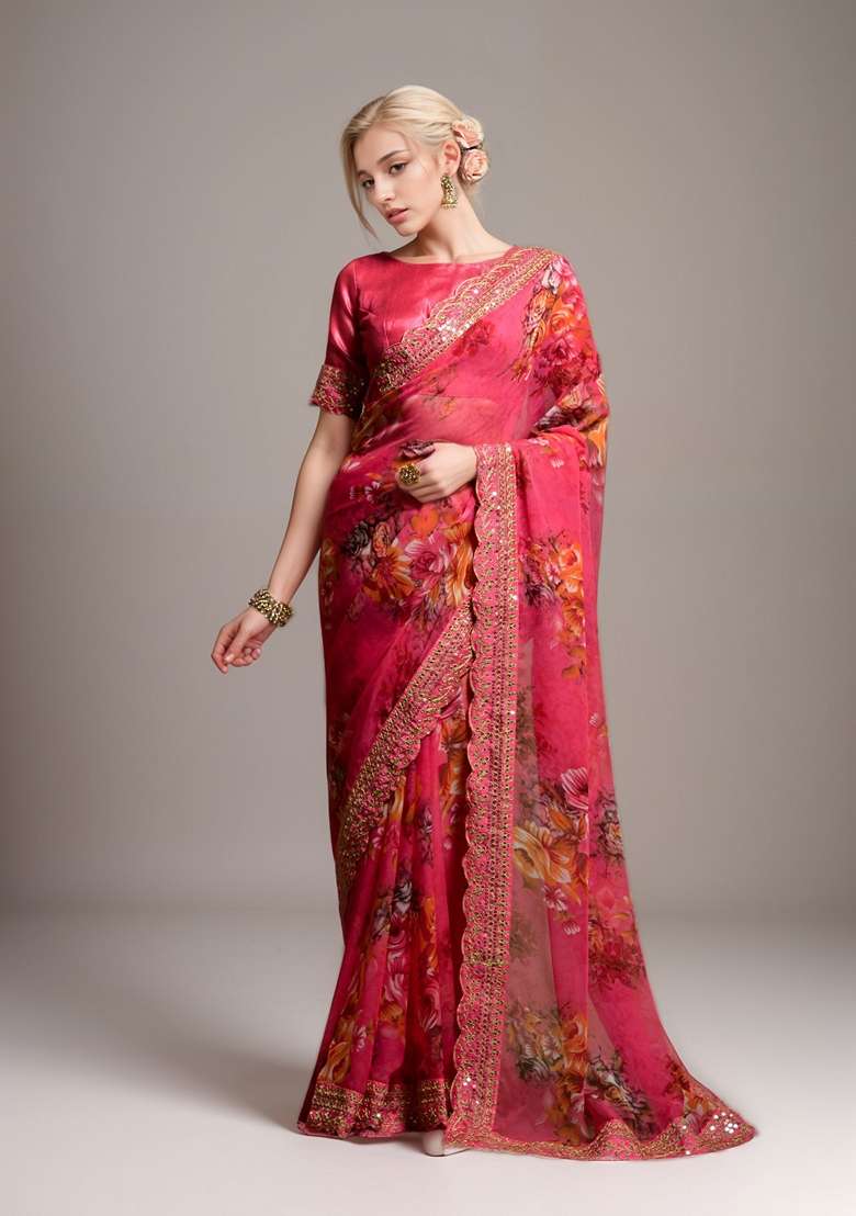 Pink Printed Georgette Saree Set - Indya
