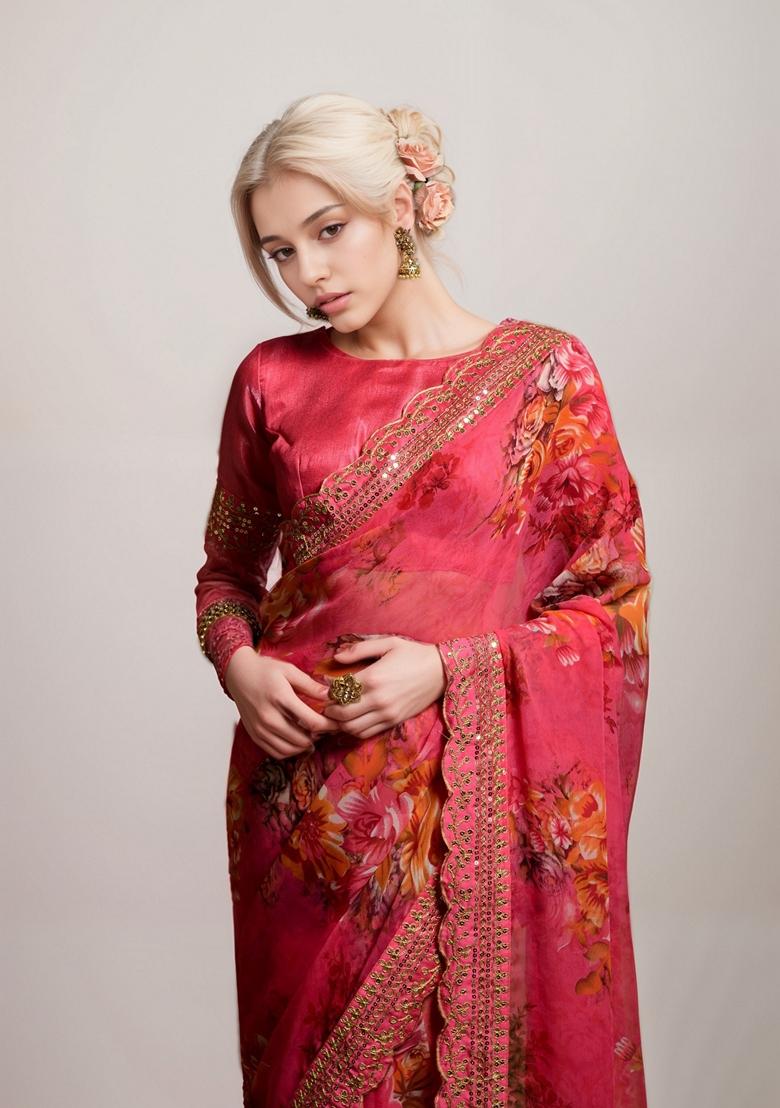 Pink Printed Georgette Saree Set