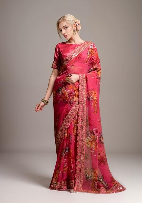 Pink Printed Georgette Saree Set