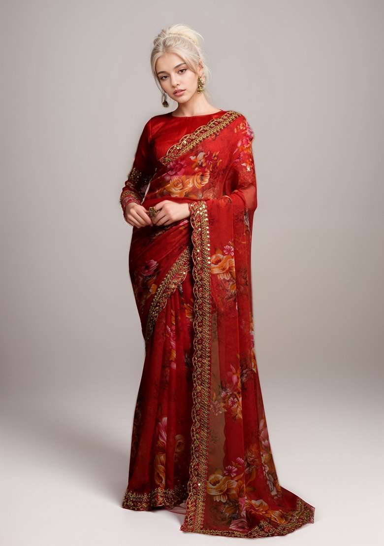 Red Printed Georgette Saree Set - Indya