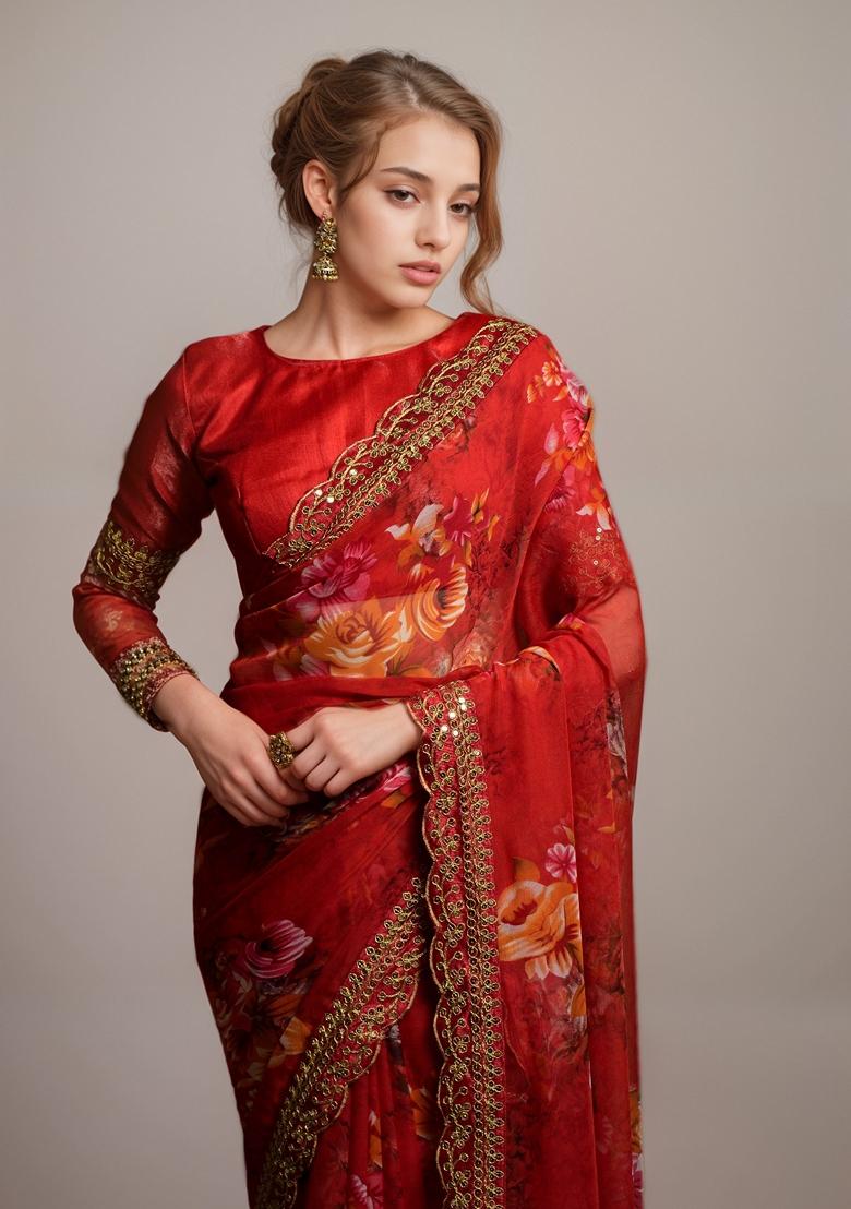 Red Printed Georgette Saree Set