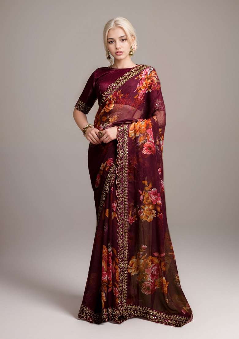 Maroon Printed Georgette Saree Set - Indya