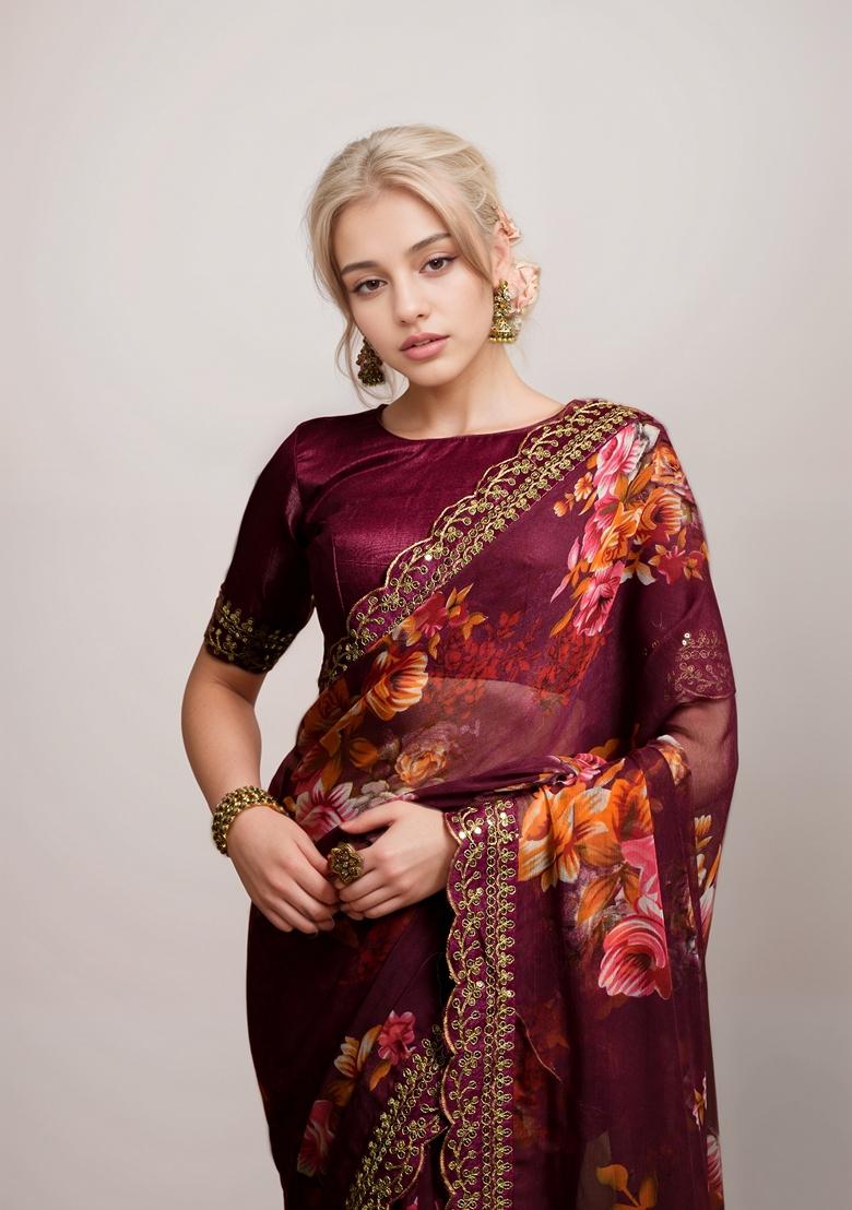 Maroon Printed Georgette Saree Set
