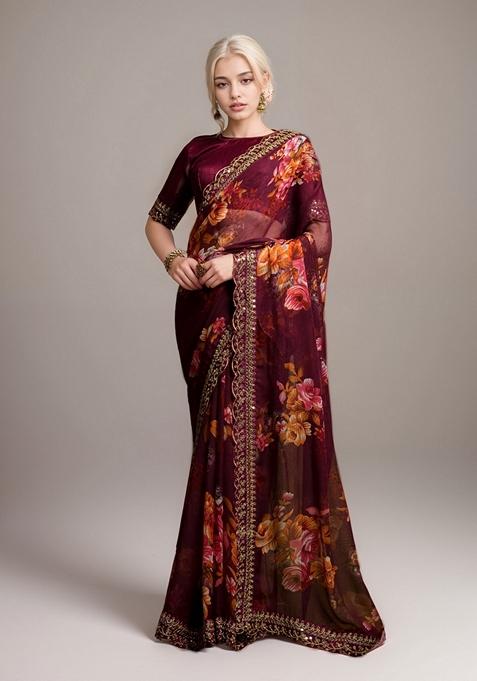Maroon Printed Georgette Saree Set