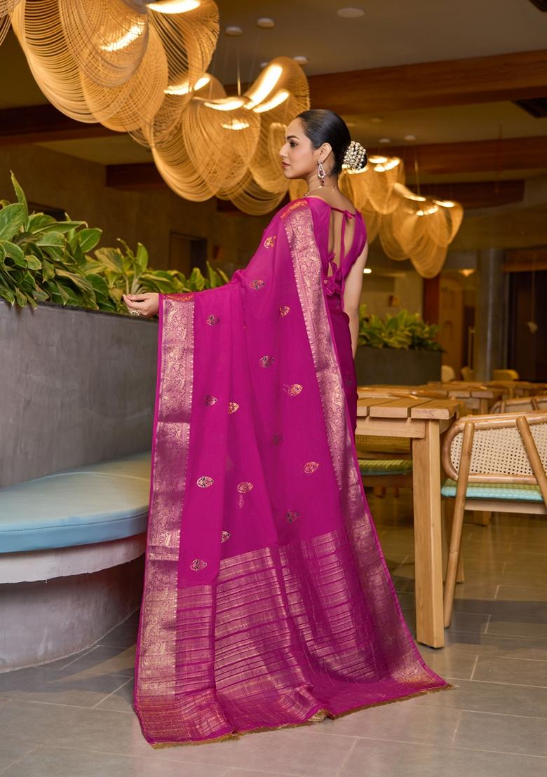 Pink Woven Chinon Saree Set