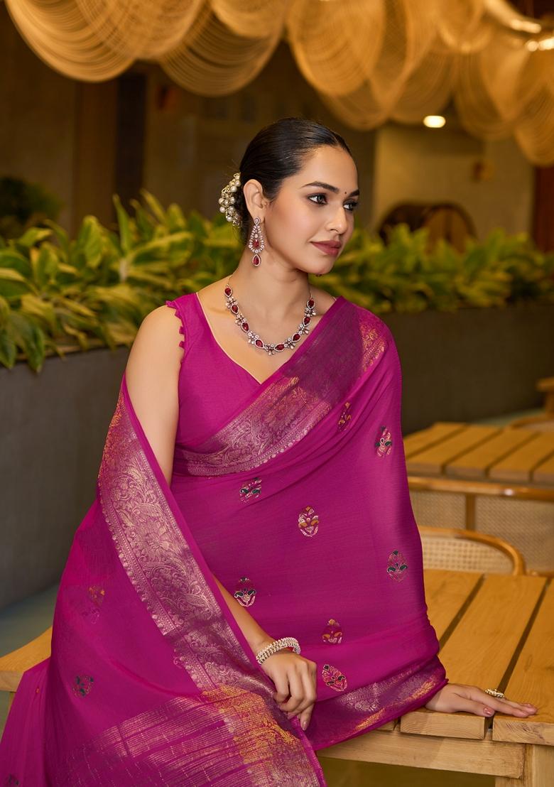 Pink Woven Chinon Saree Set