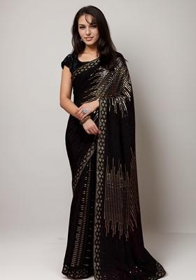 Gold Sequin Embroidered Georgette Saree Set