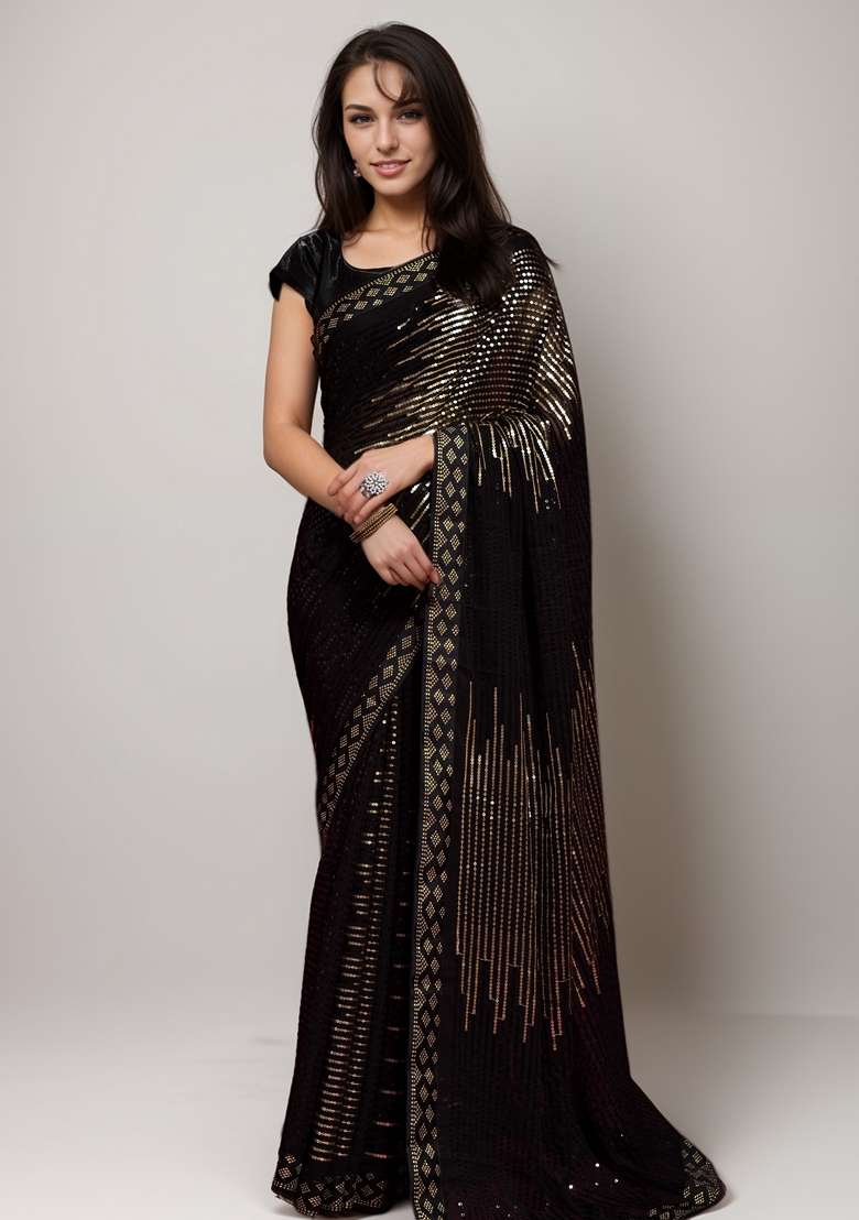 Gold Sequin Embroidered Georgette Saree Set - Indya