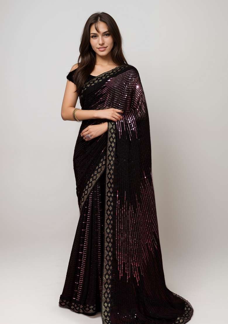 Onion Pink Sequin Embroidered Georgette Saree Set - Indya