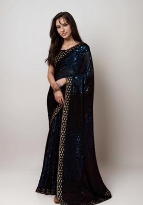 Petrol Blue Sequin Embroidered Georgette Saree Set