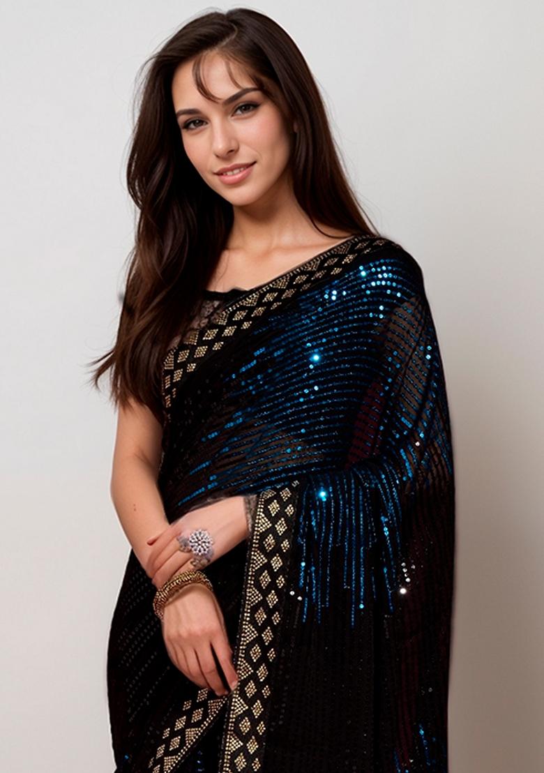 Petrol Blue Sequin Embroidered Georgette Saree Set